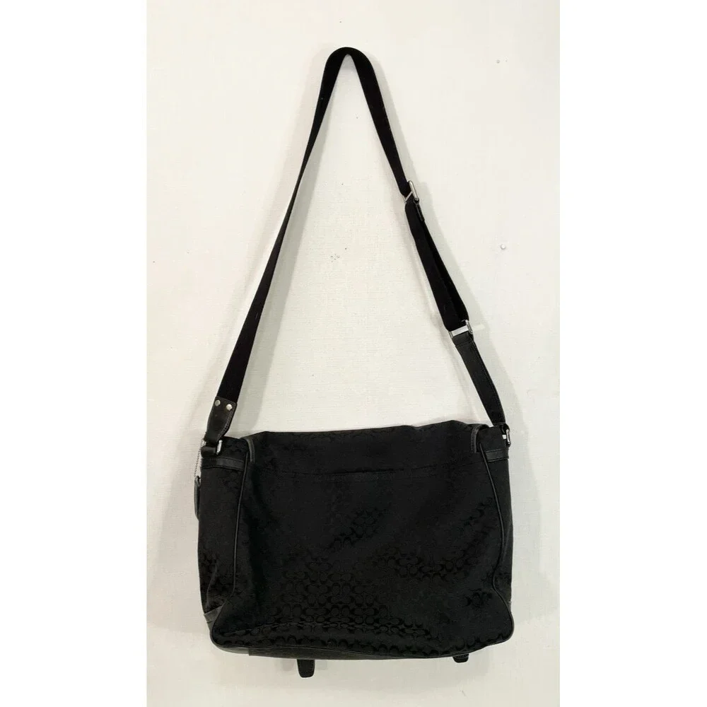 Coach Saddle Signature Messenger Black Canvas Bag F70293 Green Interior Unisex